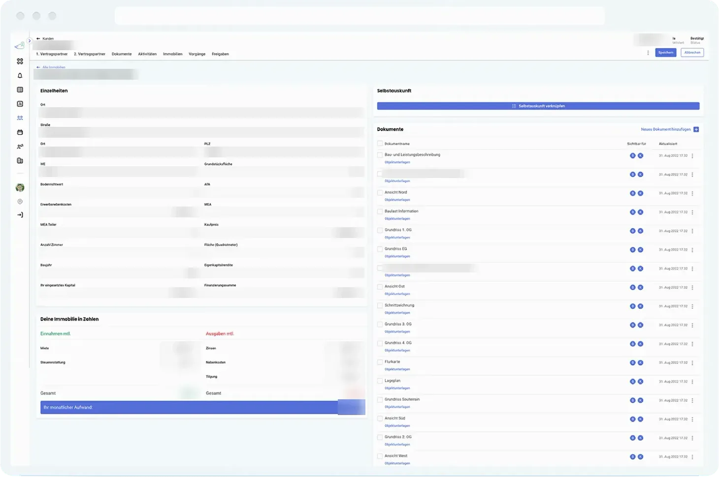 Bildschirm mit der Dokumentenverwaltung von NessyCloud: Formular und Liste von Unterlagen.