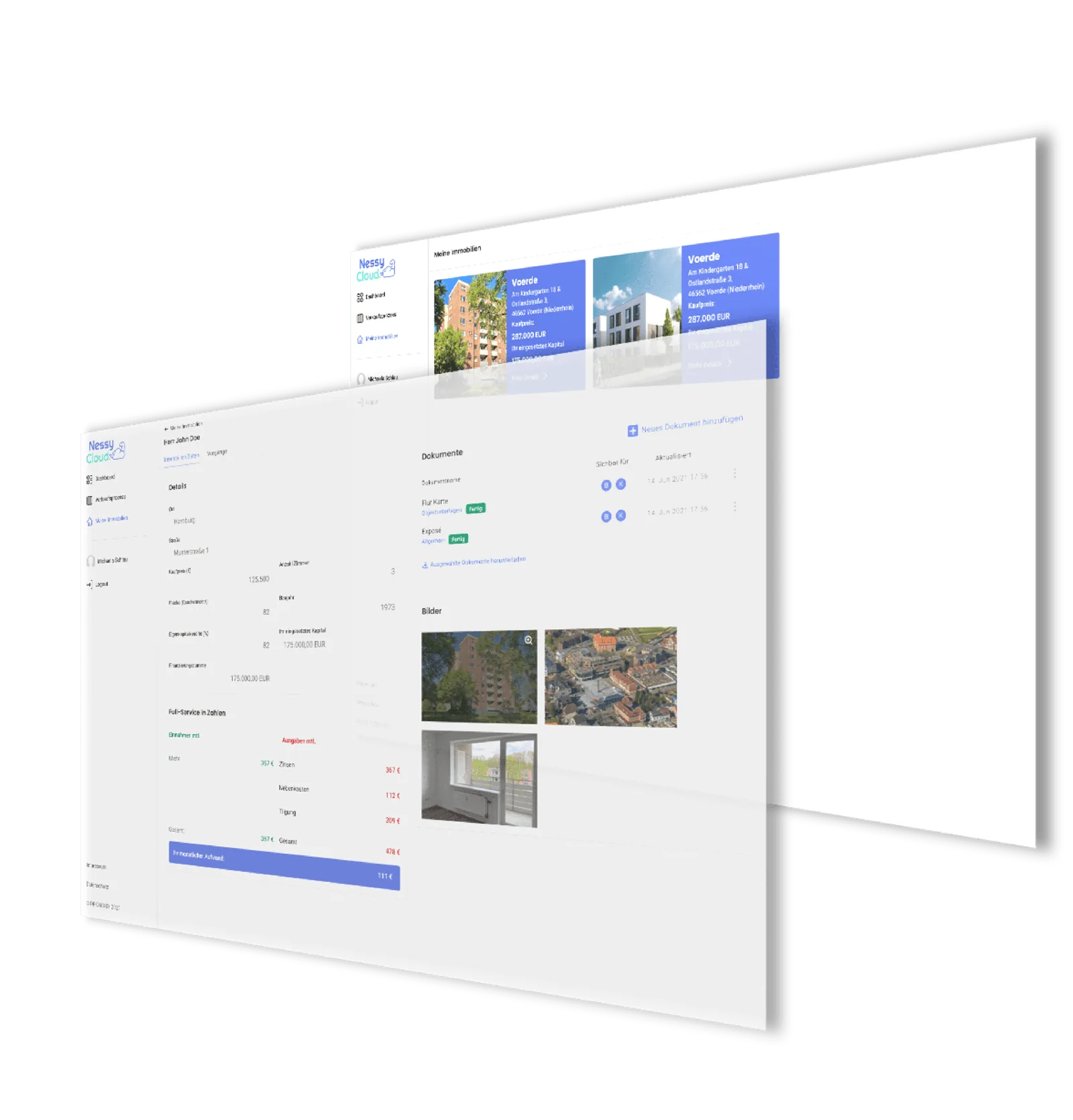 Zwei schwebende Browserfenster zeigen eine Immobilienverwaltungssoftware mit Listen von Objekten, Fotos und Details.