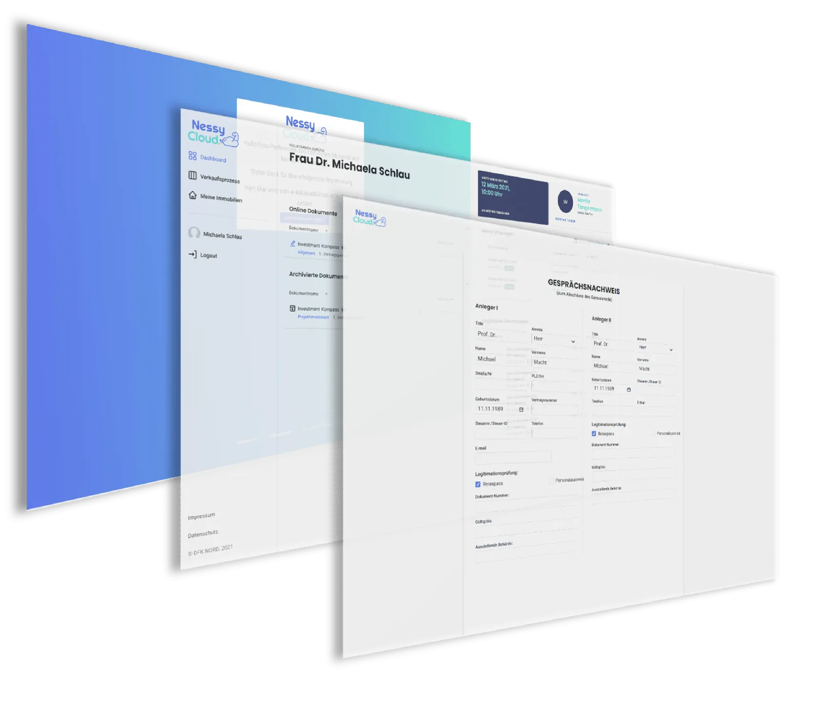 Drei überlappende Bildschirme zeigen die Nessey Cloud App mit Anmelde-, Navigations- und Datenansichten.