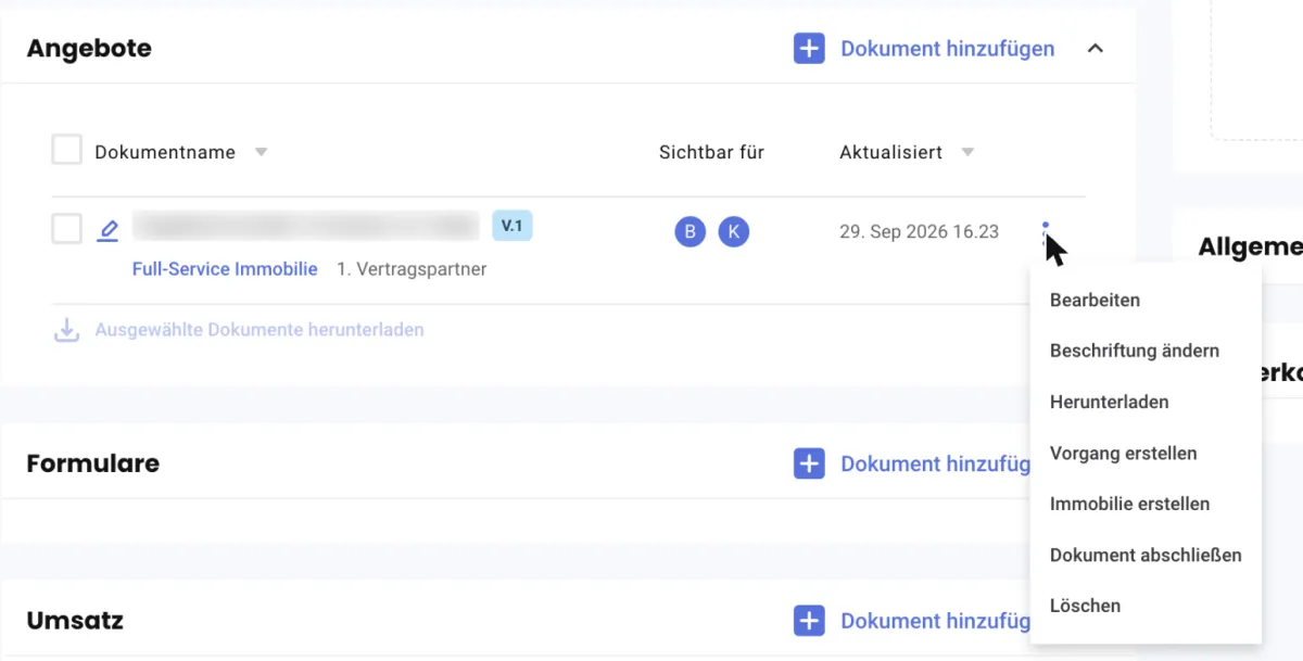 Menü am Angebot: Bearbeiten, Beschriftung ändern, Herunterladen, Vorgang erstellen, Immobilie erstellen, Dokument abschließen, Löschen