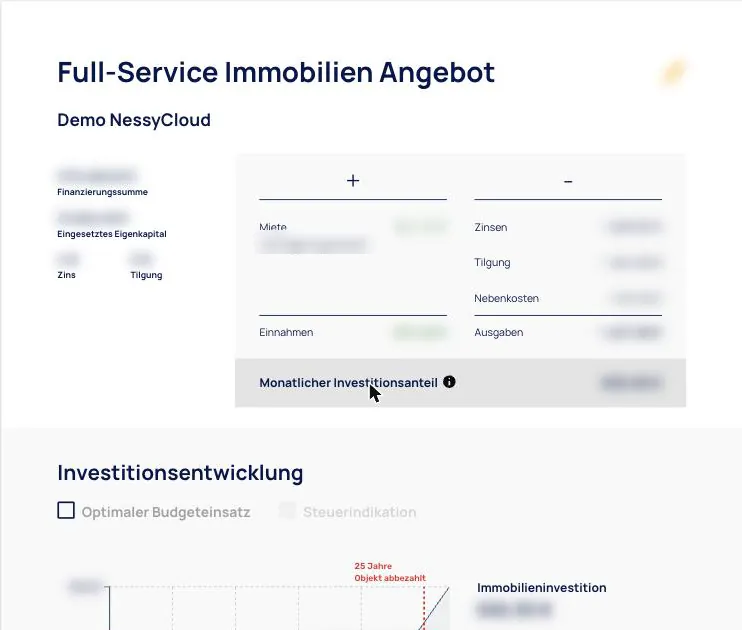 Angebotsübersicht mit Einnahmen und Ausgaben und den Häkchen Optimaler Budgeteinsatz und Steuerindikation; Beträge unkenntlich