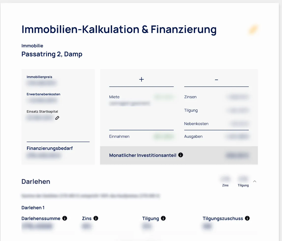 Seite Immobilien-Kalkulation und Finanzierung mit Einnahmen, Ausgaben, monatlichem Investitionsanteil und Darlehen; Beträge unkenntlich