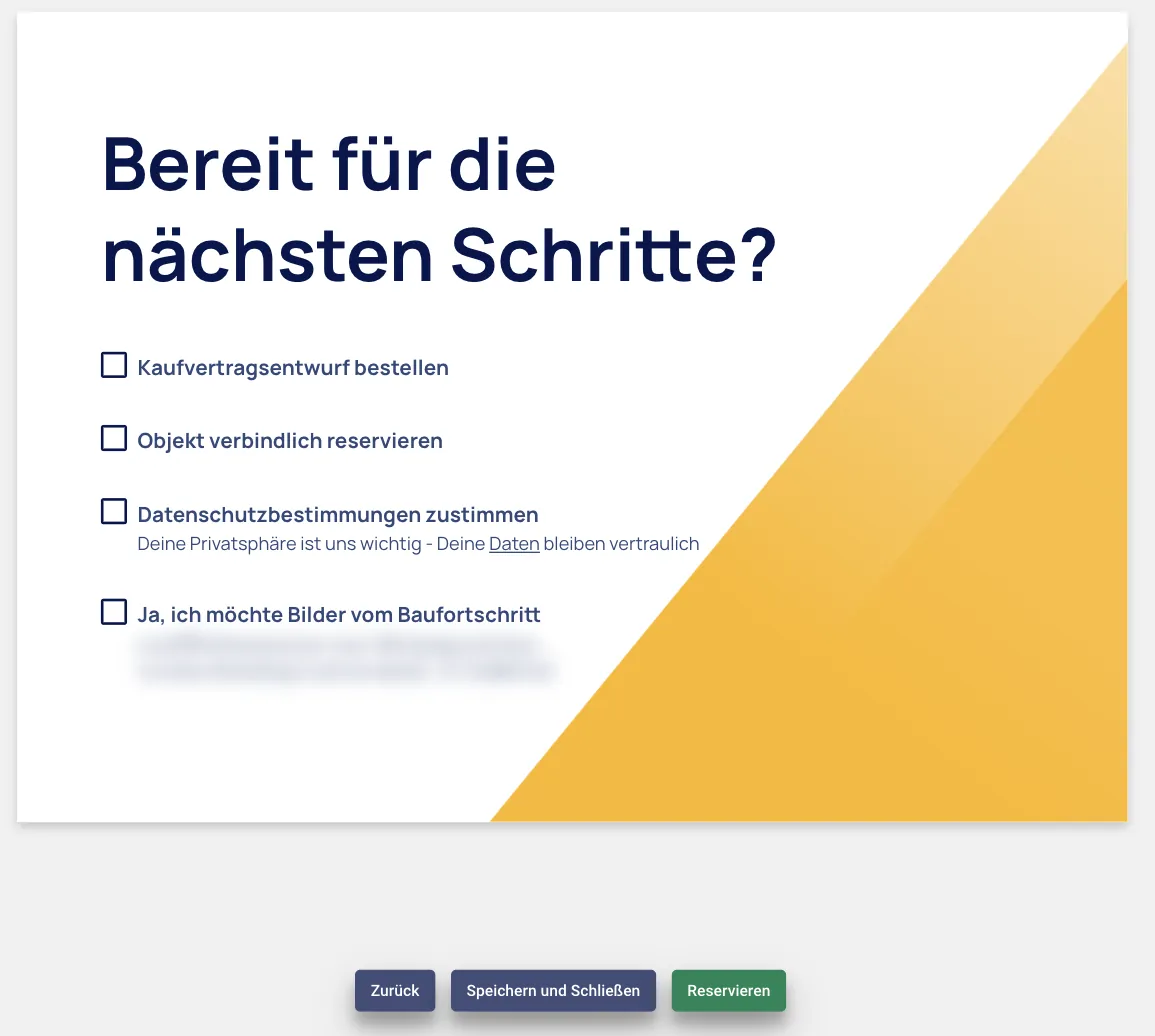 Letzte Seite Bereit für die nächsten Schritte mit vier Häkchen und den Knöpfen Zurück, Speichern und Schließen, Reservieren