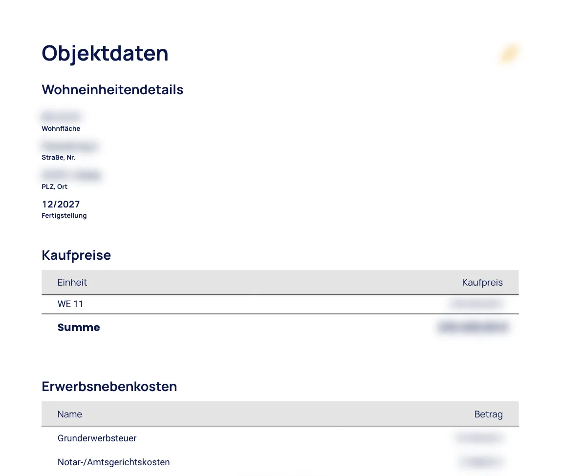 Seite Objektdaten mit Wohneinheitendetails, Kaufpreisen und Erwerbsnebenkosten; Adresse und Beträge unkenntlich