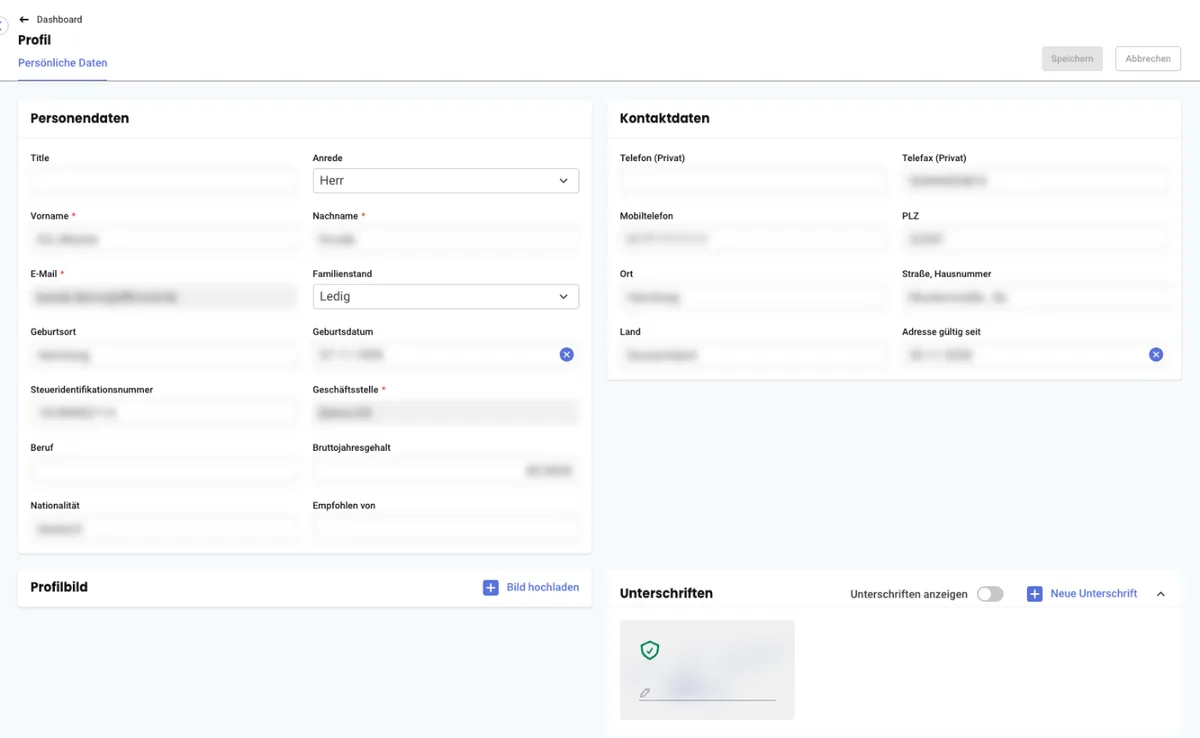 Profil im Kundenzugang mit Personendaten, Kontaktdaten, Profilbild und Unterschriften; alle Eingaben unkenntlich