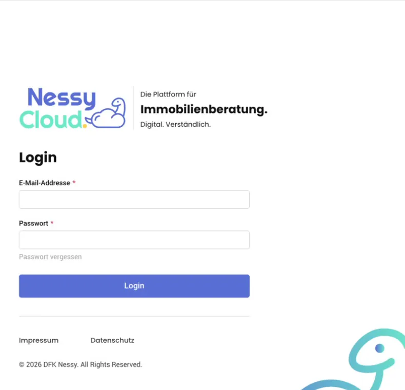Login-Seite des Portals mit den Feldern E-Mail-Adresse und Passwort, dem Link „Passwort vergessen“ und dem Knopf „Login“