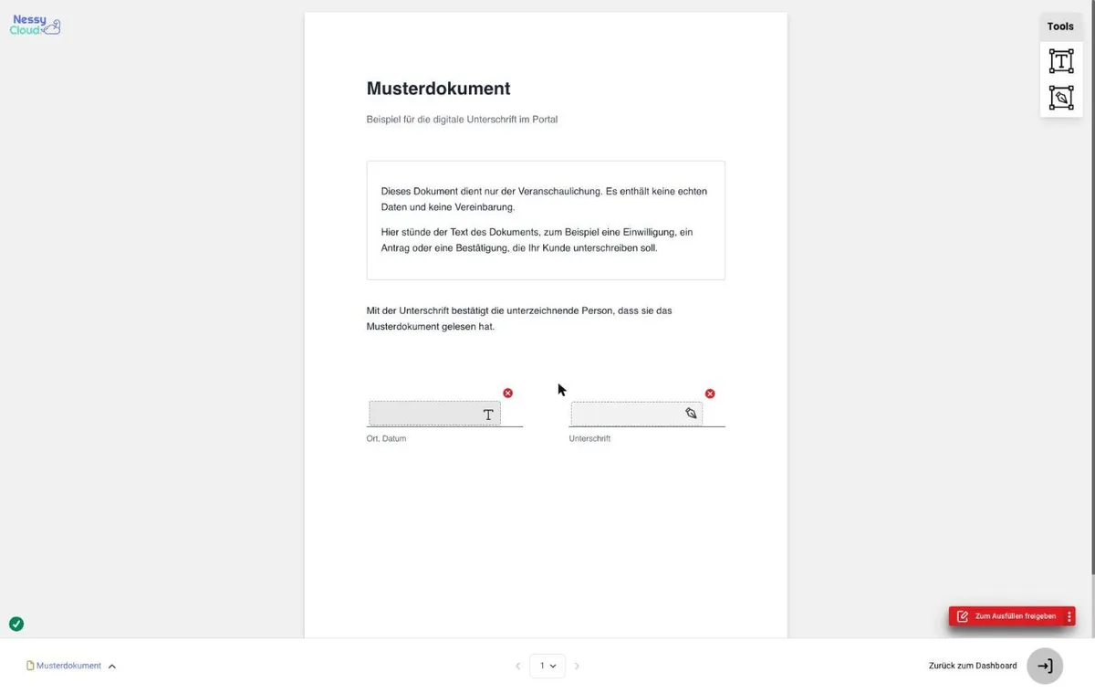 Editor mit einem Musterdokument: rechts oben Tools mit Textfeld und Unterschriftsfeld, auf der Seite ein Textfeld bei Ort, Datum und ein Unterschriftsfeld, unten rechts Zum Ausfüllen freigeben