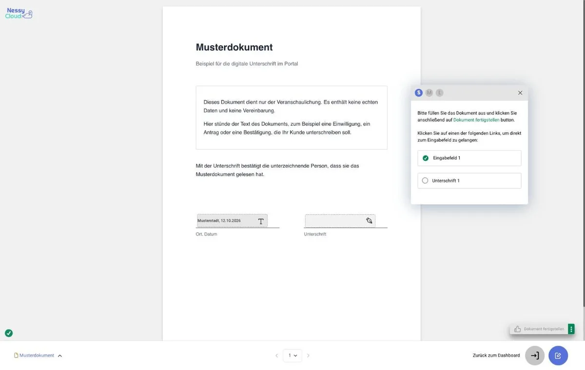 Musterdokument aus Sicht des Kunden: rechts die Liste der Felder, Eingabefeld 1 mit Haken, Unterschrift 1 noch offen, unten Dokument fertigstellen
