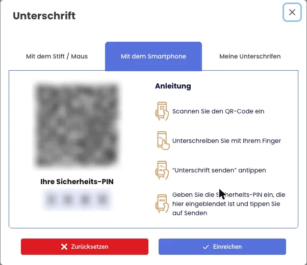 Dialog Unterschrift mit den Reitern Mit dem Stift / Maus, Mit dem Smartphone und gespeicherten Unterschriften, dazu Anleitung in vier Schritten; QR-Code und PIN unkenntlich