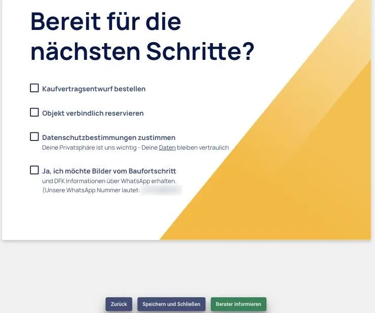 Letzte Seite eines Angebots aus Kundensicht: „Bereit für die nächsten Schritte?“ mit der Auswahl „Objekt verbindlich reservieren“ und dem Knopf „Berater informieren“.