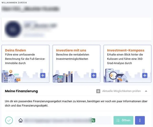 Startseite eines Kunden im Portal: Berater, Rechner und Bereich „Meine Finanzierung“. Namen und Adresse sind unkenntlich.