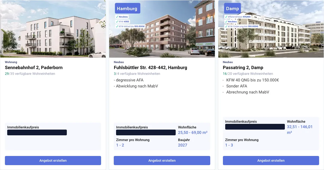 Objektübersicht in NessyCloud: Wohnanlagen in Paderborn, Hamburg und Damp mit Objektart, verfügbaren Wohneinheiten, Förderhinweisen, Wohnfläche und Zimmern. Kaufpreise geschwärzt.